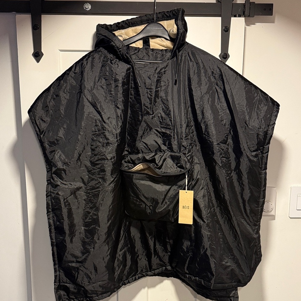 Beis Black Hooded Poncho with Front Pocket The Throw Coat Plaid